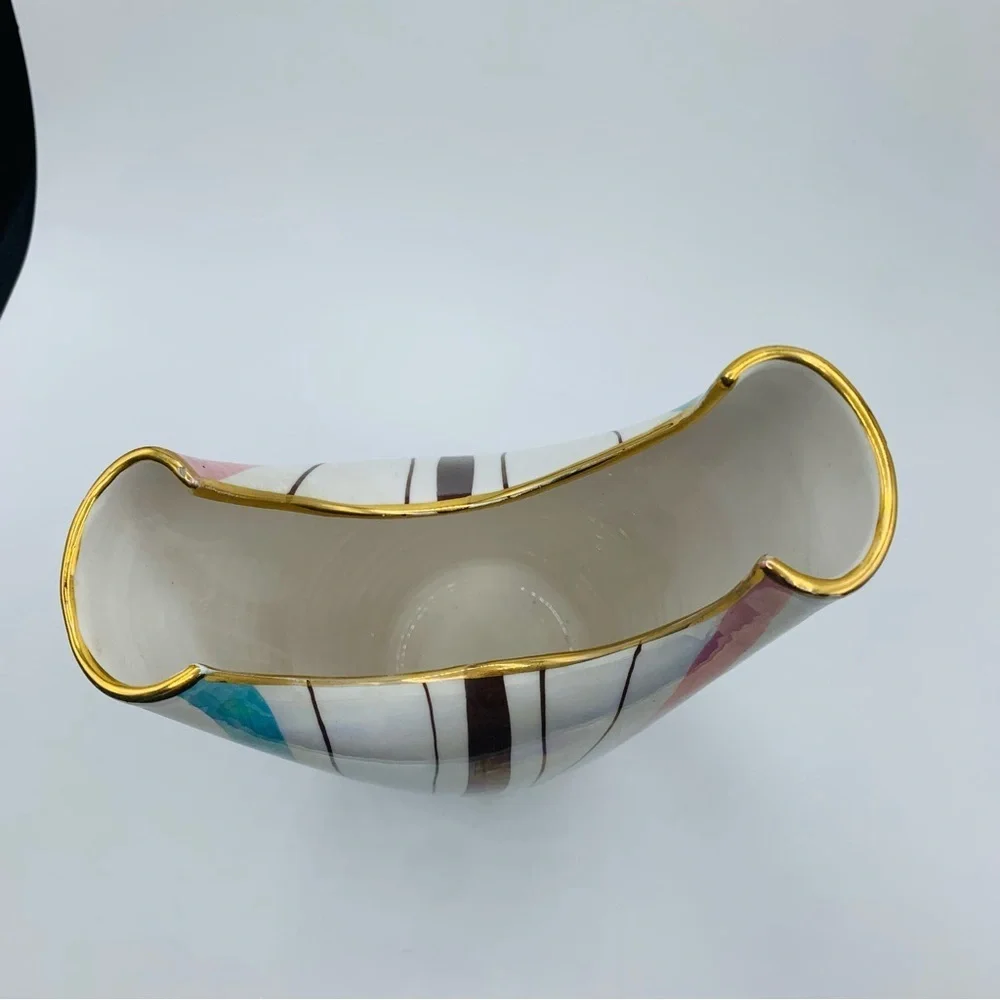 Vintage MCM Italian Iridescent Striped Vase with Gold Trim – 8.5”